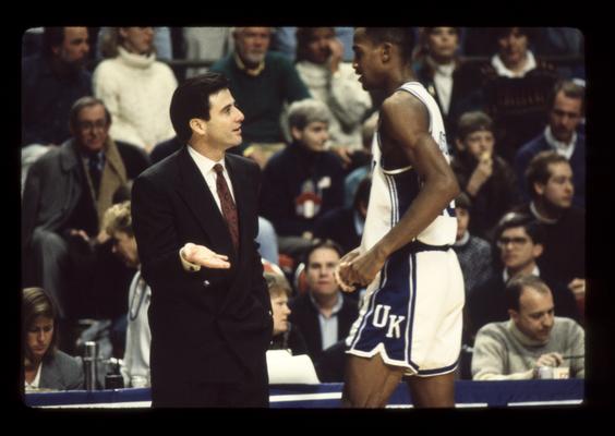 Rick Pitino talking to Reggie Hanson at bench; UK vs. Ole Miss