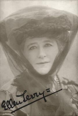 Ellen Terry; autographed with inscription:                          With Apologies for keeping it so long = E.T., 20 April, 1907; Photographer: Lallie Charles; London