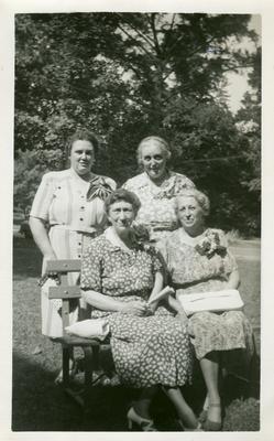 Margaret Wickliffe Preston Johnson (1885-1964) at a Daughters of the American Revolution (DAR) meeting, handwritten in ink on back of image 