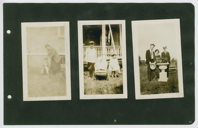 Page 19: Left- unidentified woman with infant on a rocking horse, standing outside; Center- 3 unidentified children standing outside in front of a house; Right- Daniel R. Landis, Ethel Landis, and unidentified male standing outside