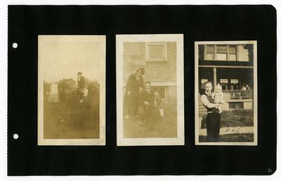 Page 21: Left- Ethel Landis and unidentified child standing in the Woodbine Cemetary in Harrisonburg, Virginia; Center- Ethel Landis with unidentified male and child, standing outside; Right- Daniel R. Landis holding an infant in his arms, most likely his son Dick, standing in front of a house with two unidentified women on the front porch