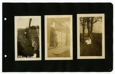 Page 35: Left- unidentified male laying in the grass outside; Center- unidentified couple standing in front of Wise Brothers Shirt Manufacturers in Baltimore, Maryland; Left- unidentified female sitting under a tree