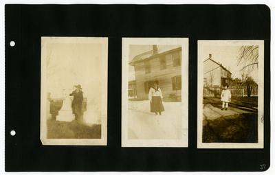 Page 37: Left- unidentified female in the Woodbine Cemetary in Harrisonburg, Virginia; Center- Ethel Landis standing outside in the snow; Right- unidentified female toddler standing outside in a yard