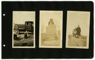 Page 41: Left- unidentified toddler standing in front of a car; Center- unidentified female leaning on a headstone in the Woodbine Cemetary in Harrisonburg, Virginia, headstone reads Wise; Center- unidentified couple standing outside