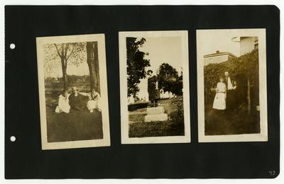 Page 43: Left- 2 unidentified females and Ethel Landis, sitting down on the ground outside; Center- Ethel Landis standing on a headstone in a cemetary; Right- Daniel Landis and unidentified female standing outside