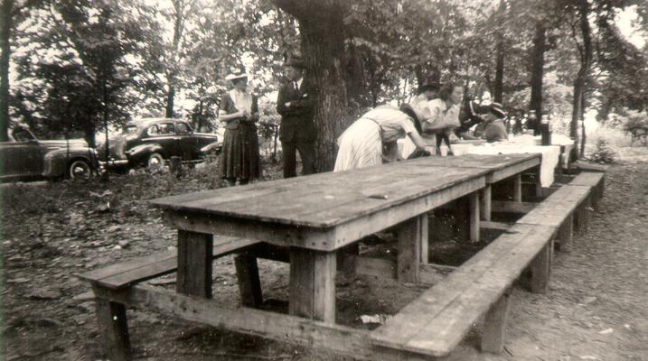 Blue Licks Battlefield State Park, July 7, 1940; Wilsons at benches in picnic area