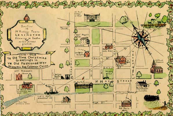 Map of downtown Lexington, 1928, Ye Old Time Christmas Greetings in Ye Old Fashioned Way; Mr. and Mrs. Asa Coleman Chinn