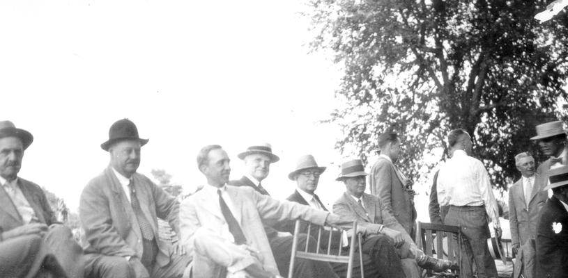Steve Leatherston's Fish Fry, at Reservoir No. 3. Group snapped by Judge George B. Kinkead Twelve men in group, including Samuel M. Wilson