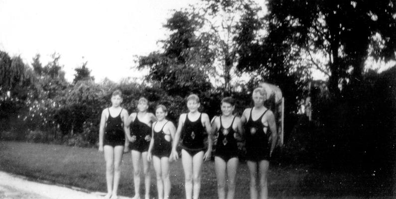 Haggin Swimming Pool; Ned Shelby and Francis Wilson, nephews of Samuel M. Wilson, and four other boys