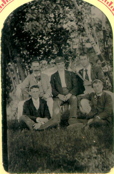 Five men, Northfield, Mass.; T. Mine, Mt. Hermon, Mass. Photographer; Listed and described in 19th Century Photographs, a catalogue from UK Special Collections