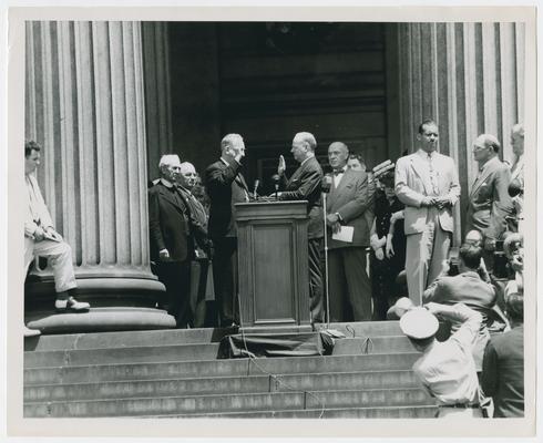 Chief Justice Vinson swears in John W. Snyder as Secretary of the Treasury