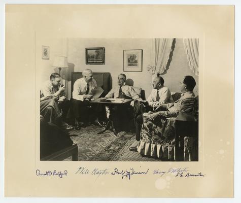 Secretary Vinson at Savannah Conference. Left to right: Ansel D. Luxford; Will Clayton; Secretary Vinson; Harry D. White; and E.M. Berstein, 1946; signed by Luxford, Clayton, Vinson, White and Bernstein