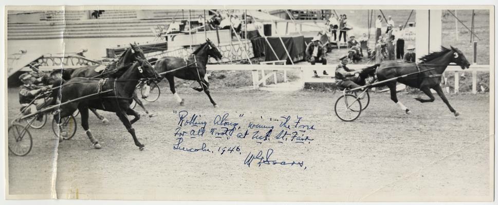 Rolling Along wins the Free For All Trot at Nebraska State Fair, Lincoln. Inscription by W. Sears