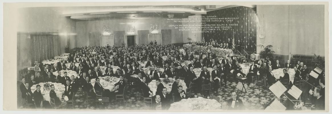 Testimonial dinner in recognition of the distinguished war service of Harold Ickes and Deputy Petroleum Administrator Ralph H. Davies, by the Petroleum Industry War Council, Statler Hotel, Washington, DC