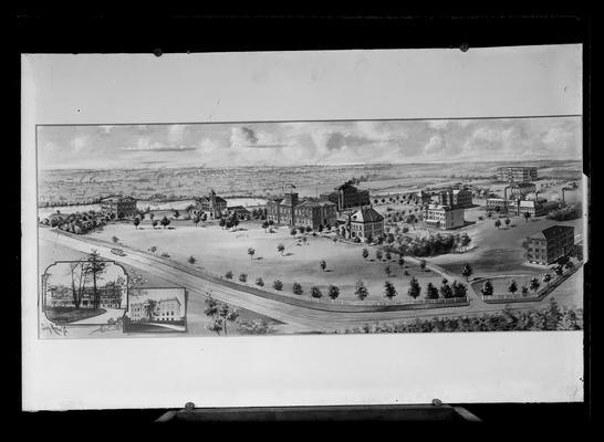 Birdseye view from south, looking northeast, Patterson Hall and Experiment Station inset to left