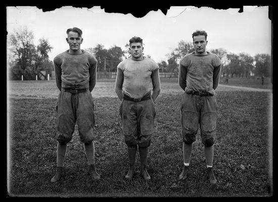 Football, three players, 1919 season, Brikett Lee Pribble on left