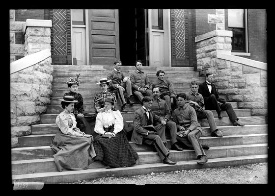 Notation Sophomore class in Botany, May 1898 seated on steps of Science Building (Miller Hall?)