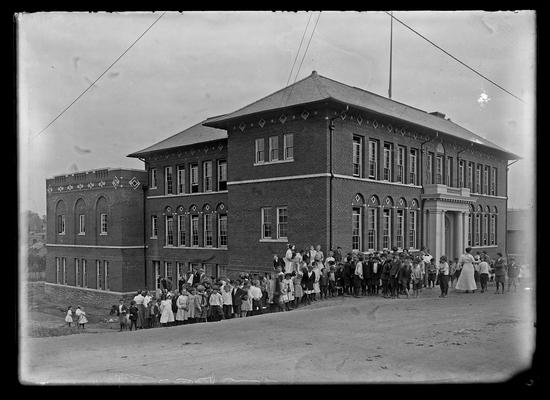 Lincoln School, students at side and front of building, for Mrs. Breckinridge