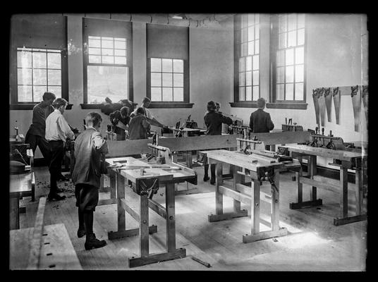 Lincoln School, boys in woodworking shop, for Mrs. Breckinridge