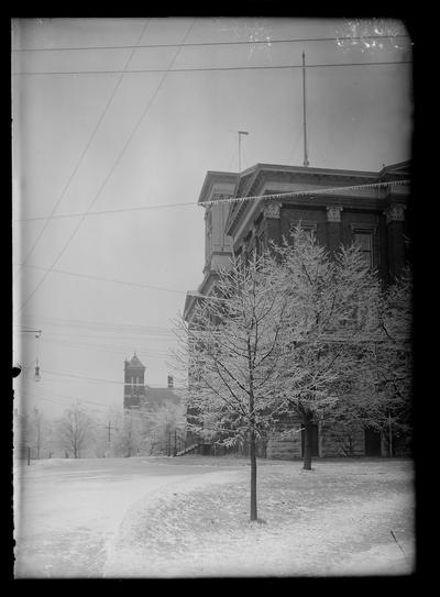 Sleet, tree, side of Administration Building (Main Building), looking north