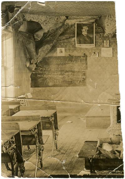 Interior of old Greendale school house. Handwriting on verso