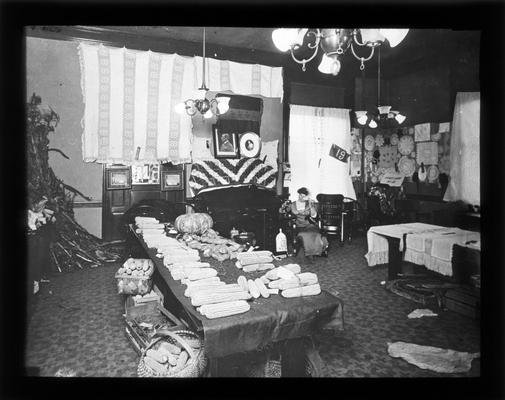 Fayette County school fair exhibit at the courthouse (Mrs. Nannie Faulconer is holding telephone)