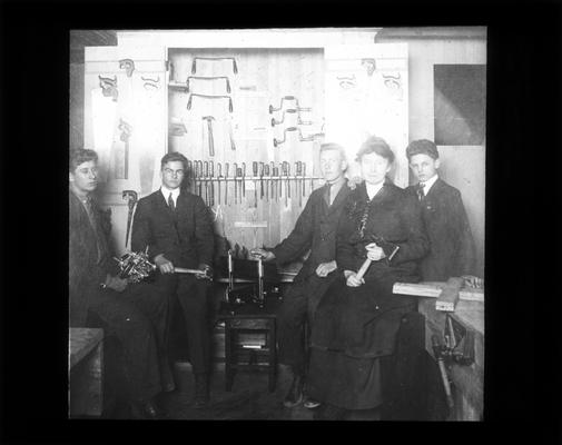 Picadome manual training students display tools, with Miss Margaret McCubbing