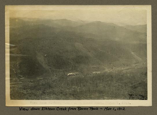 Title handwritten on photograph mounting: View down Elkhorn Creek from Raven Rock