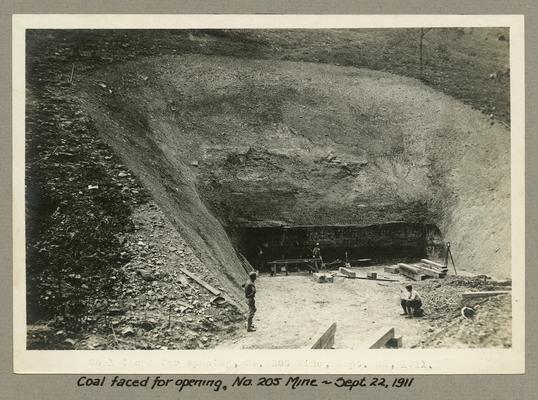 Title handwritten on photograph mounting: Coal faced for opening, No. 205 Mine