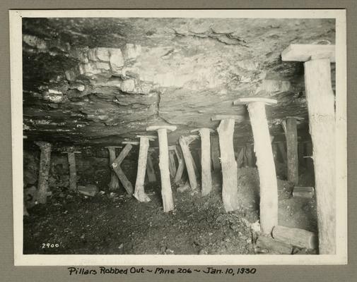 Title handwritten on photograph mounting: Pillars Robbed Out in No. 206 Mine