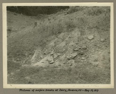 Title handwritten on photograph mounting: Pictures of surface breaks at Dairy--Jenkins, Kentucky