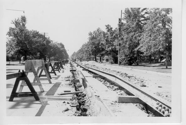 Car rail removal on West Broadway, 1942-1943