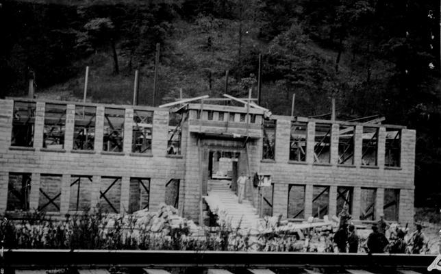 Project #32 District 5: Construction of Yellow Creek School building, Sassafras, KY, one quarter mile up Yellow Creek from Sassafras Post Office. This project, a twelve-room building, is being constructed of native stone, quarried in Knott County. View of school building under construction taken October 10, 1935