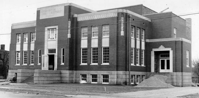 Project #2446 District 6: The construction of a new library and auditorium building for the city of Franklin, KY. This building, of brick and tile construction, has a seating capacity of 800. View shows library and auditorium nearing completion, photographed January 7, 1937