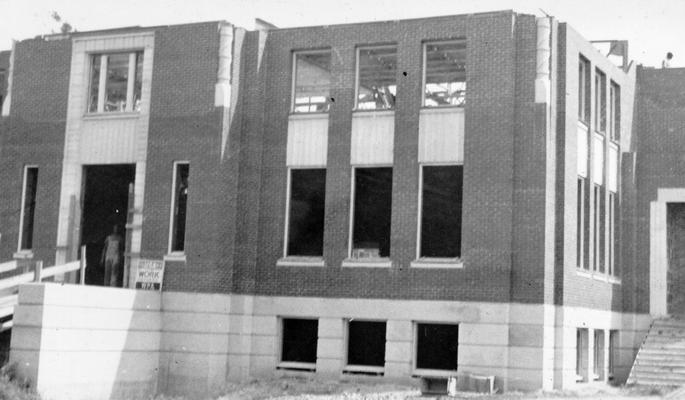 Project #2446 District 6: The construction of a brick and tile building, which will serve as a municipal library and auditorium at Franklin, KY. Front view of municipal library and auditorium. Photograph taken September, 1936