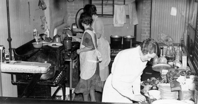 1937 Flood. An emergency kitchen operated in conjunction with on emergency hospital at St. Matthews, KY. Volunteer help in this kitchen used government surplus commodities. Photograph taken February 3, 1937. WPA women workers were assigned to similar units as cooks, cleaning women, clerks, etc. in all flooded areas