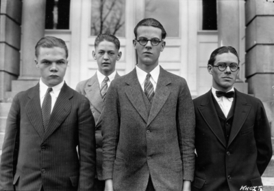 Unidentified high school students from Knott County, Kentucky visiting the University, standing in front of Miller Hall