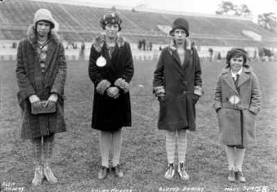 4-H Students from a Kentucky rural school during Rural School Week, left to right:  Alta Snoddy, Lillian Maddox, Gladys Barney and Mary Serton, Stoll Field