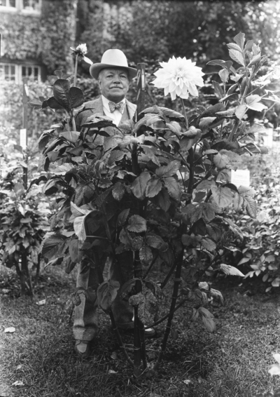 Dean F. Paul Anderson standing with the Dahlias