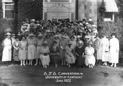 Unidentified women in front of Administration building, Alpha Xi Delta convention, includes Margaret I. King and Frances Jewell McVey