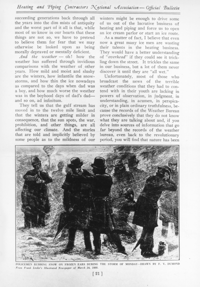 November 1925 bulletin for Heating and Piping Contractors National Association, with reprinted March 24, 1888 edition covering the blizzard of '88 (page 21), pamphlet for Driscoll