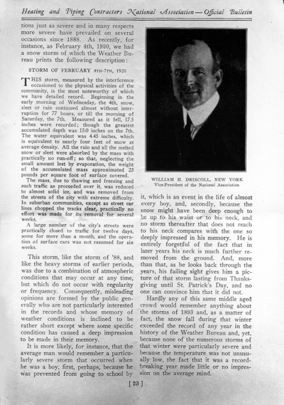 November 1925 bulletin for Heating and Piping Contractors National Association, with reprinted March 24, 1888 edition covering the blizzard of '88 (page 23), pamphlet for Driscoll