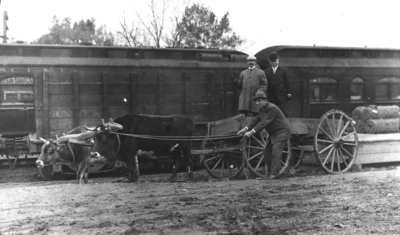 Photograph of a print or negative, at EPES, A. G. S., men with oxen and wagon in front of train