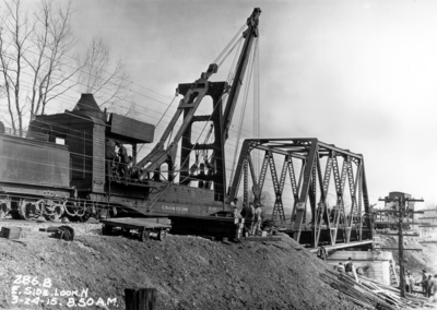 Railroad bridge construction, east side looking north, 8:50 AM