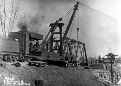 Railroad bridge construction, east side looking north, 9:27 AM