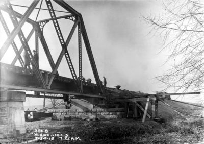 Railroad bridge construction, west side looking south, 7:35 AM