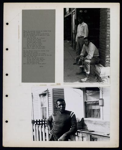 Two African-American men, African-American man leaning on fence
                            From the poverty shacks he looked from... Dylan