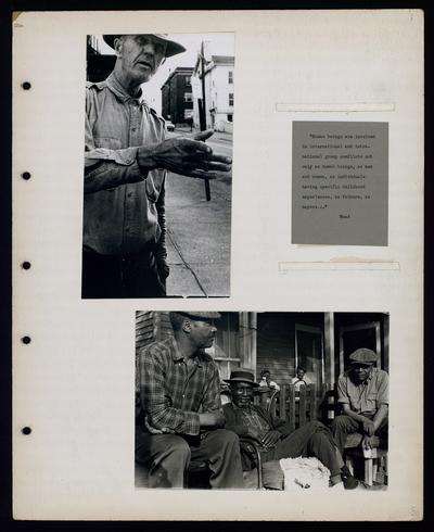 Man in hat pointing, Three African-American men sitting
                            Human beings are involved in international intranational group conflicts... Mead