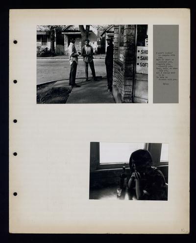 Three African-American men stand on the corner of 5th and Kenton, the one on right is Ronnie Woolfork, Woman sitting in a bar looking at shot glass along Maple Street, inbetween 6th and 7th Streets
                            I ain't lookin' to compete with you... Dylan