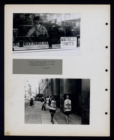 Waitress working in a cafe, Two women and a man on strike against Bell System in front of the Bell Telephone Company building
                            There is a destiny that makes us brothers... E. Markham